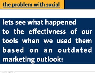 the problem with social

lets see what happened
to the eﬀectivness of our
tools when we used them
b a s e d o n a n o u t d at e d
marketing outlook:
Thursday, January 30, 2014

 