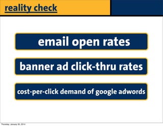 reality check

email open rates
banner ad click-thru rates
cost-per-click demand of google adwords

Thursday, January 30, 2014

 