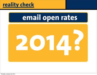 reality check

email open rates

2014?
Thursday, January 30, 2014

 