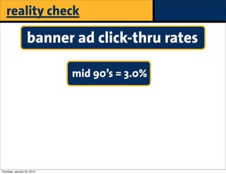 reality check

banner ad click-thru rates
mid 90’s = 3.0%

Thursday, January 30, 2014

paid

 