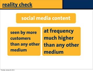 reality check
social media content
at frequency
seen by more
much higher
customers
than any other than any other
medium
medium

Thursday, January 30, 2014

paid

 