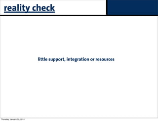 reality check

little support, integration or resources

Thursday, January 30, 2014

 