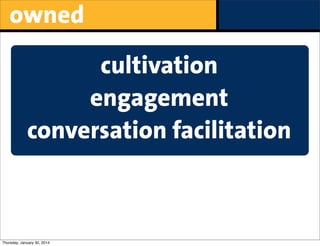 owned
cultivation
engagement
conversation facilitation

Thursday, January 30, 2014

 