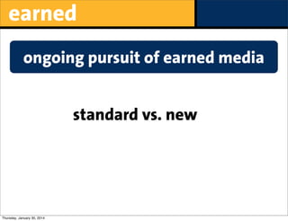 earned
ongoing pursuit of earned media
standard vs. new

Thursday, January 30, 2014

 