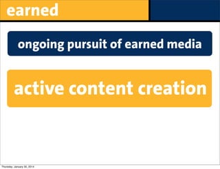 earned
ongoing pursuit of earned media

active content creation

Thursday, January 30, 2014

 