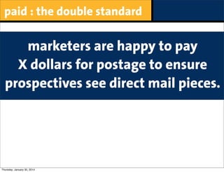 paid : the double standard

marketers are happy to pay
X dollars for postage to ensure
prospectives see direct mail pieces.

Thursday, January 30, 2014

 