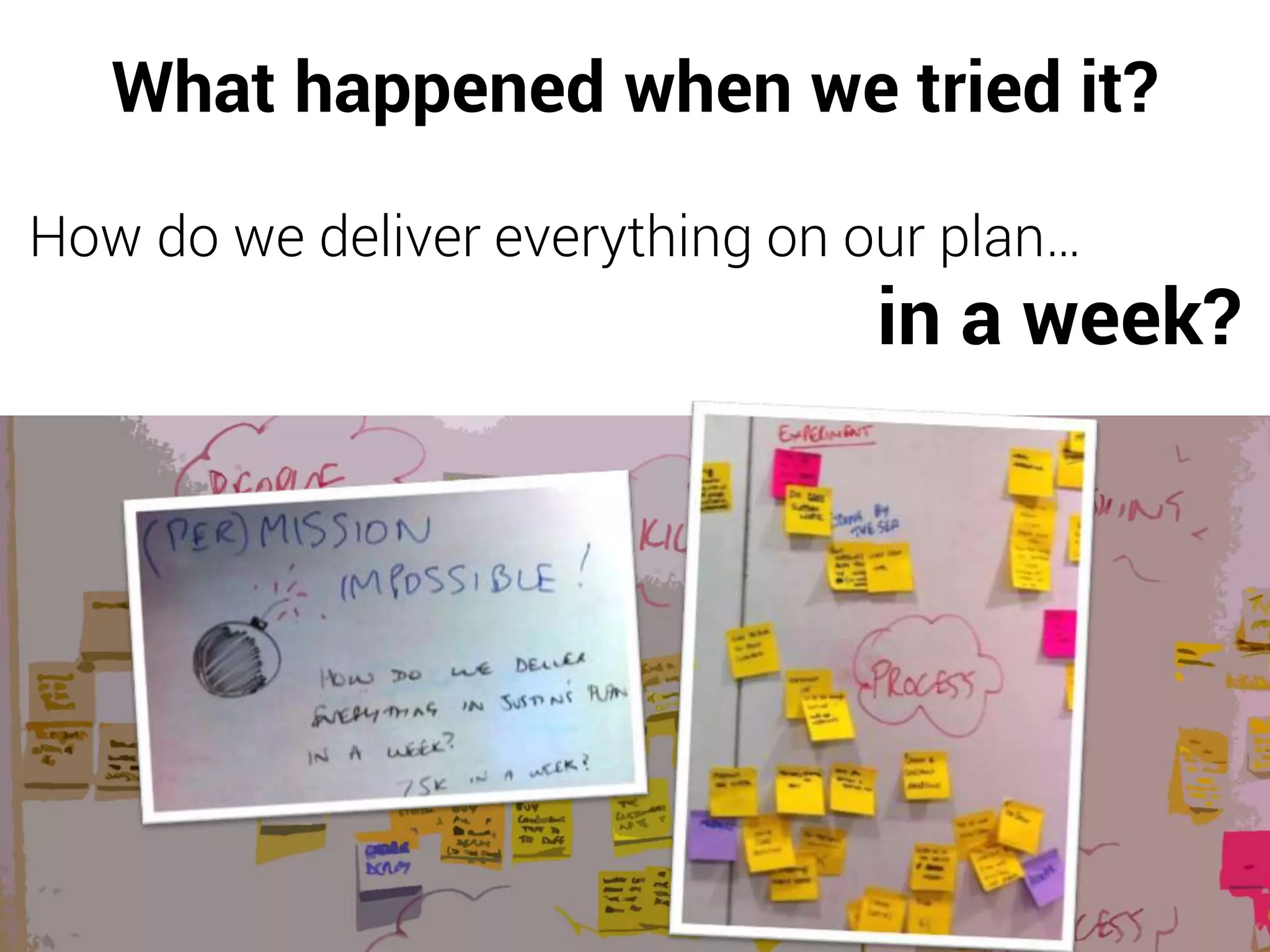 What happened when we tried it?
How do we deliver everything on our plan…
in a week?
 