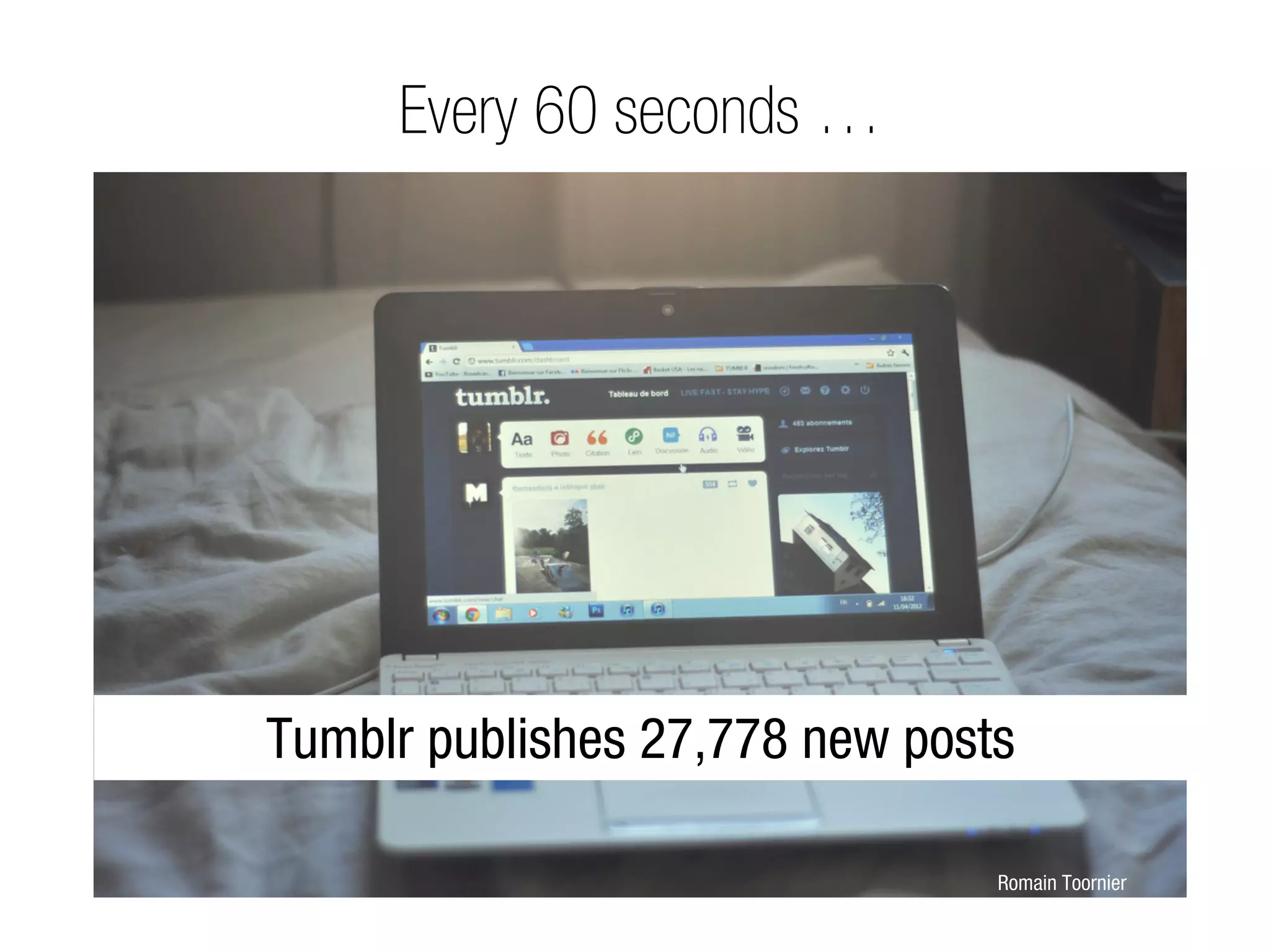 Every 60 seconds …




Tumblr publishes 27,778 new posts

                                Romain Toornier
 
