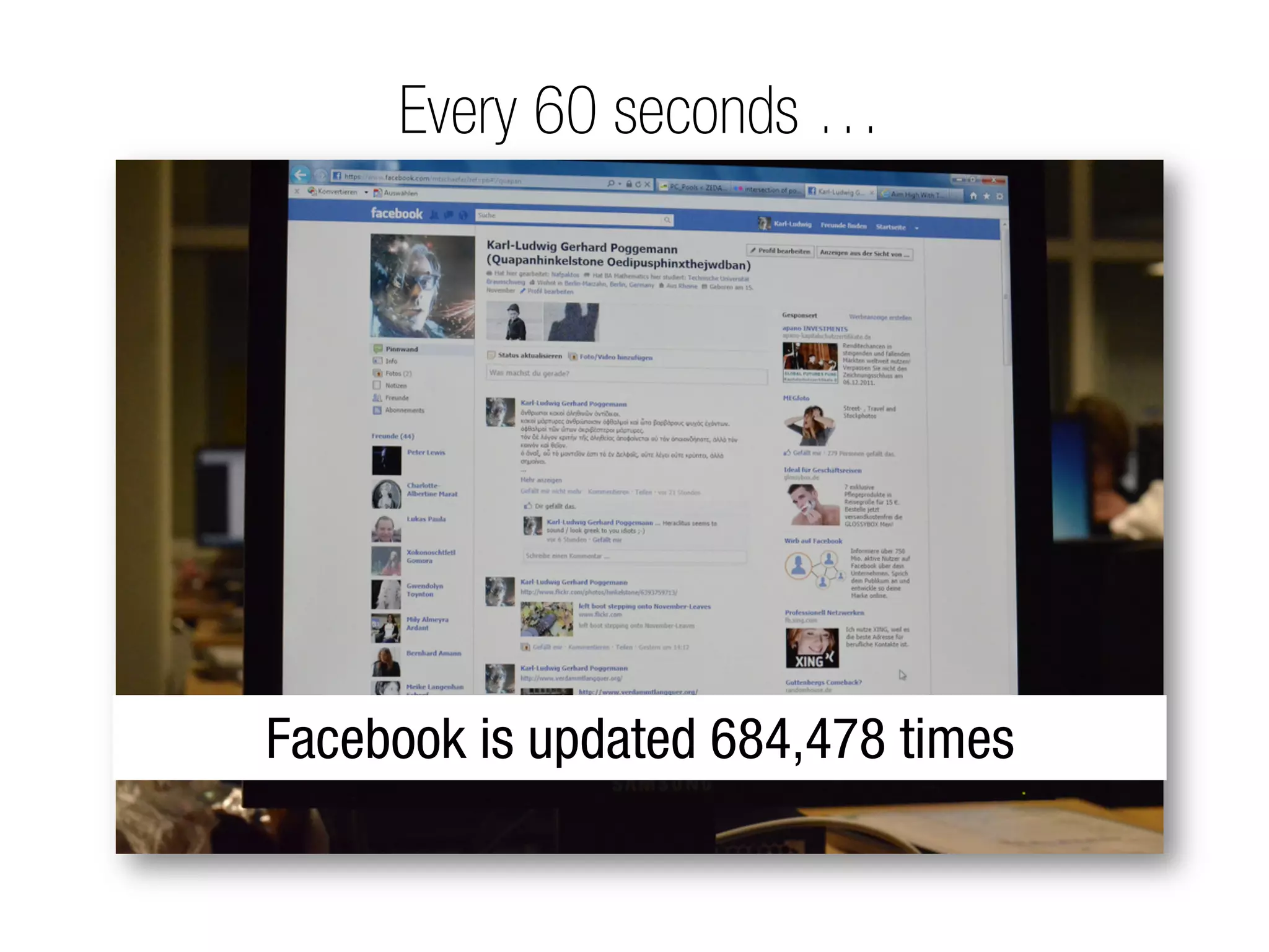 Every 60 seconds …




Facebook is updated 684,478 times
 