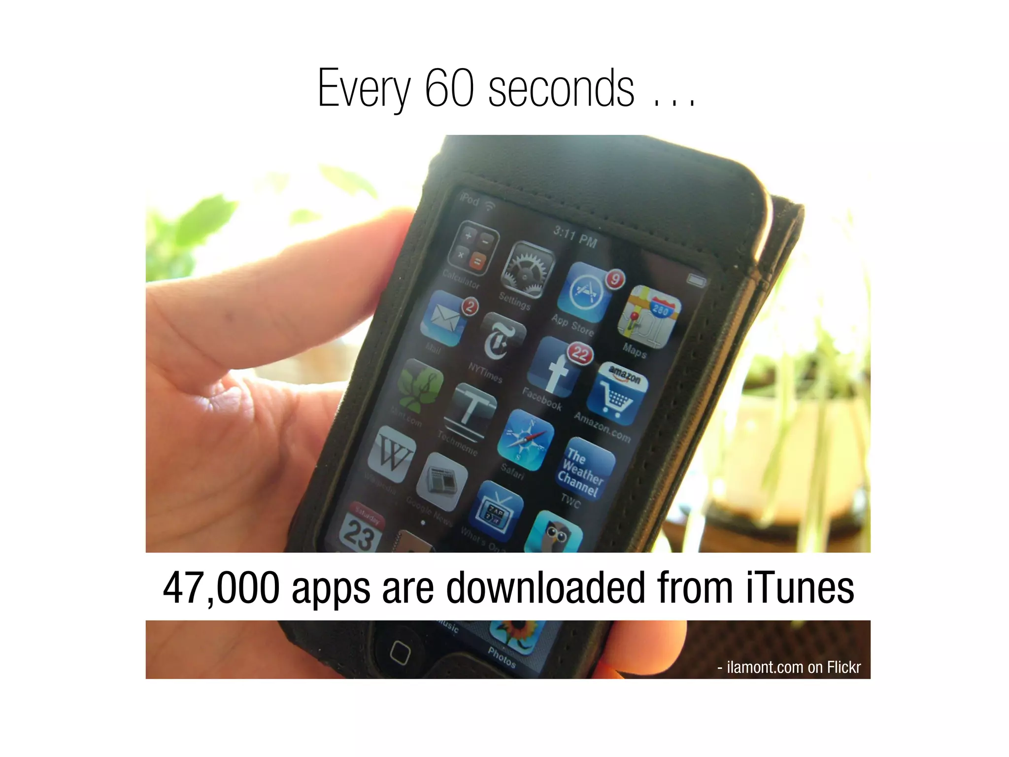 Every 60 seconds …




47,000 apps are downloaded from iTunes
                              - ilamont.com on Flickr
 