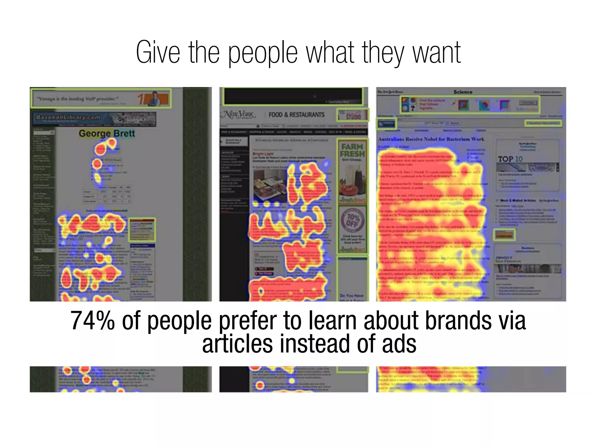 Give the people what they want




74% of people prefer to learn about brands via
            articles instead of ads
 
