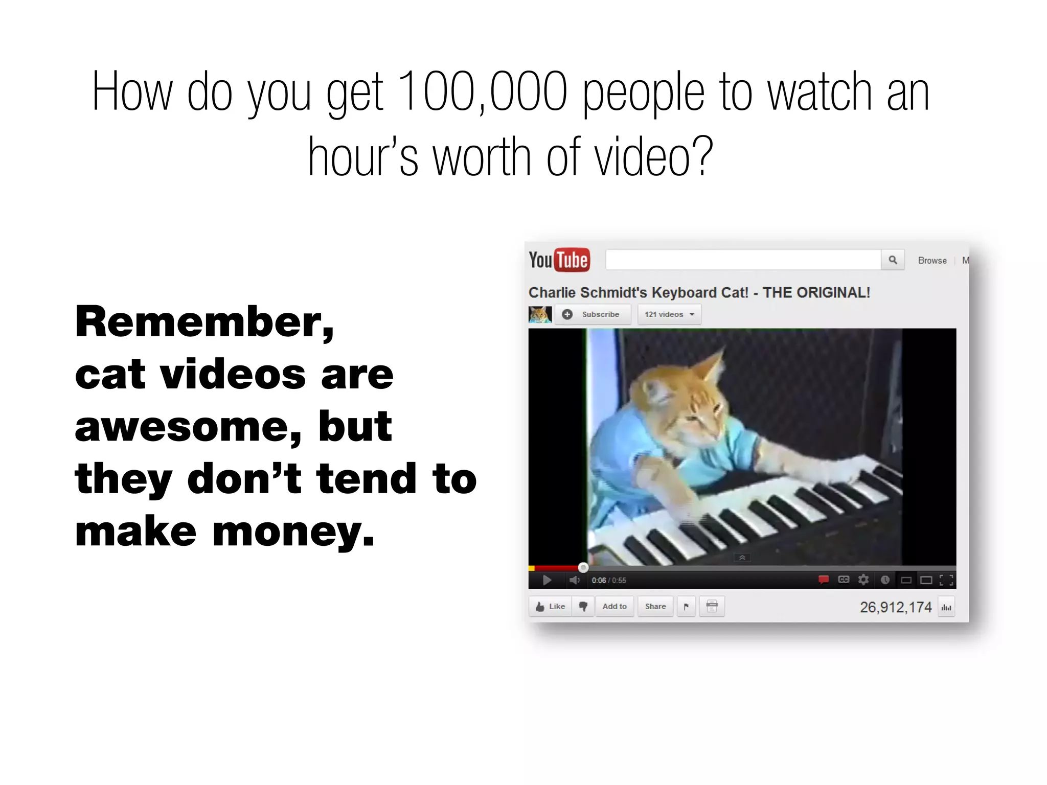 How do you get 100,000 people to watch an
          hour’s worth of video?

Remember,
cat videos are
awesome, but
they don’t tend to
make money.
 