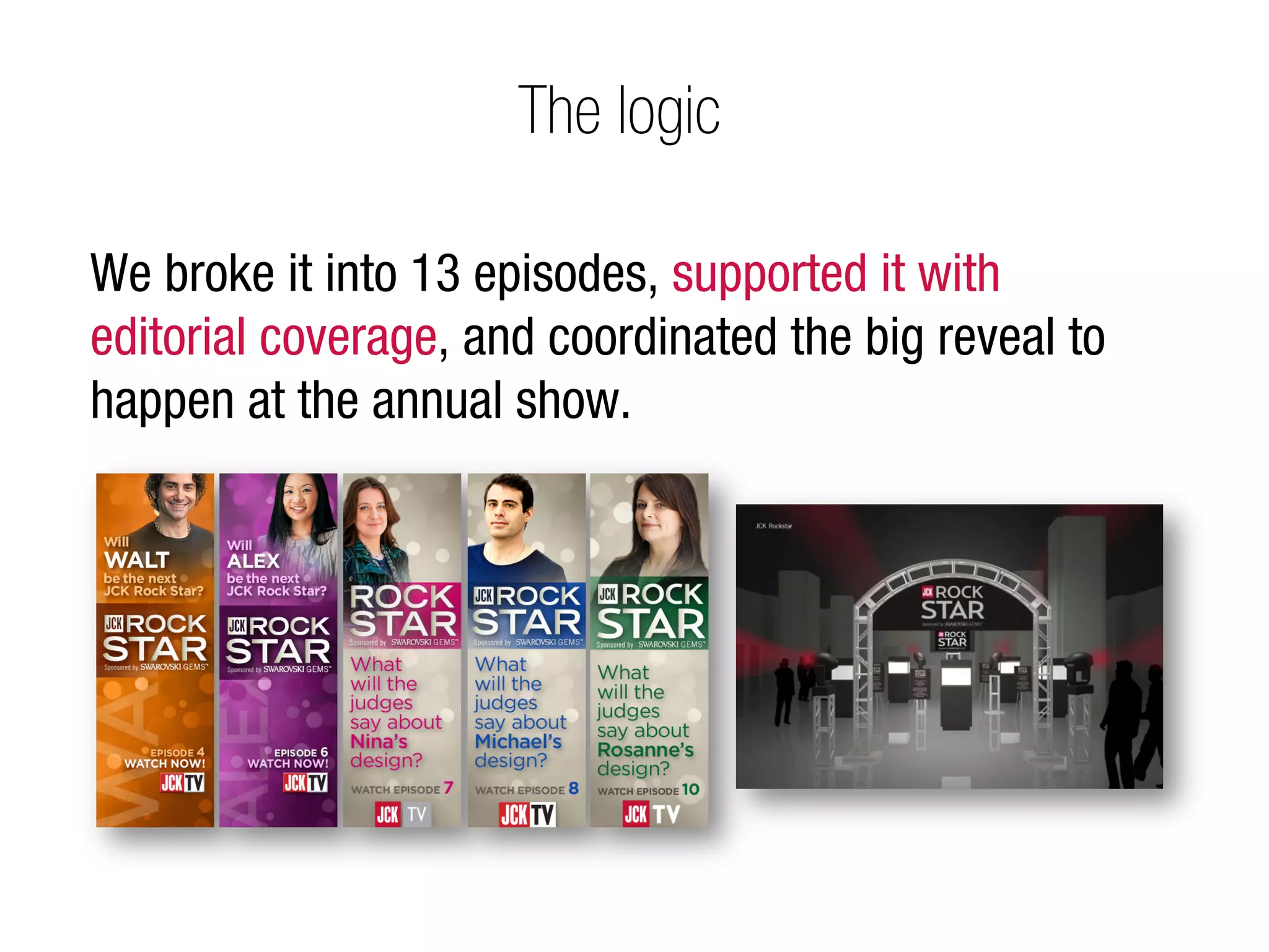 The logic

We broke it into 13 episodes, supported it with
editorial coverage, and coordinated the big reveal to
happen at the annual show.
 