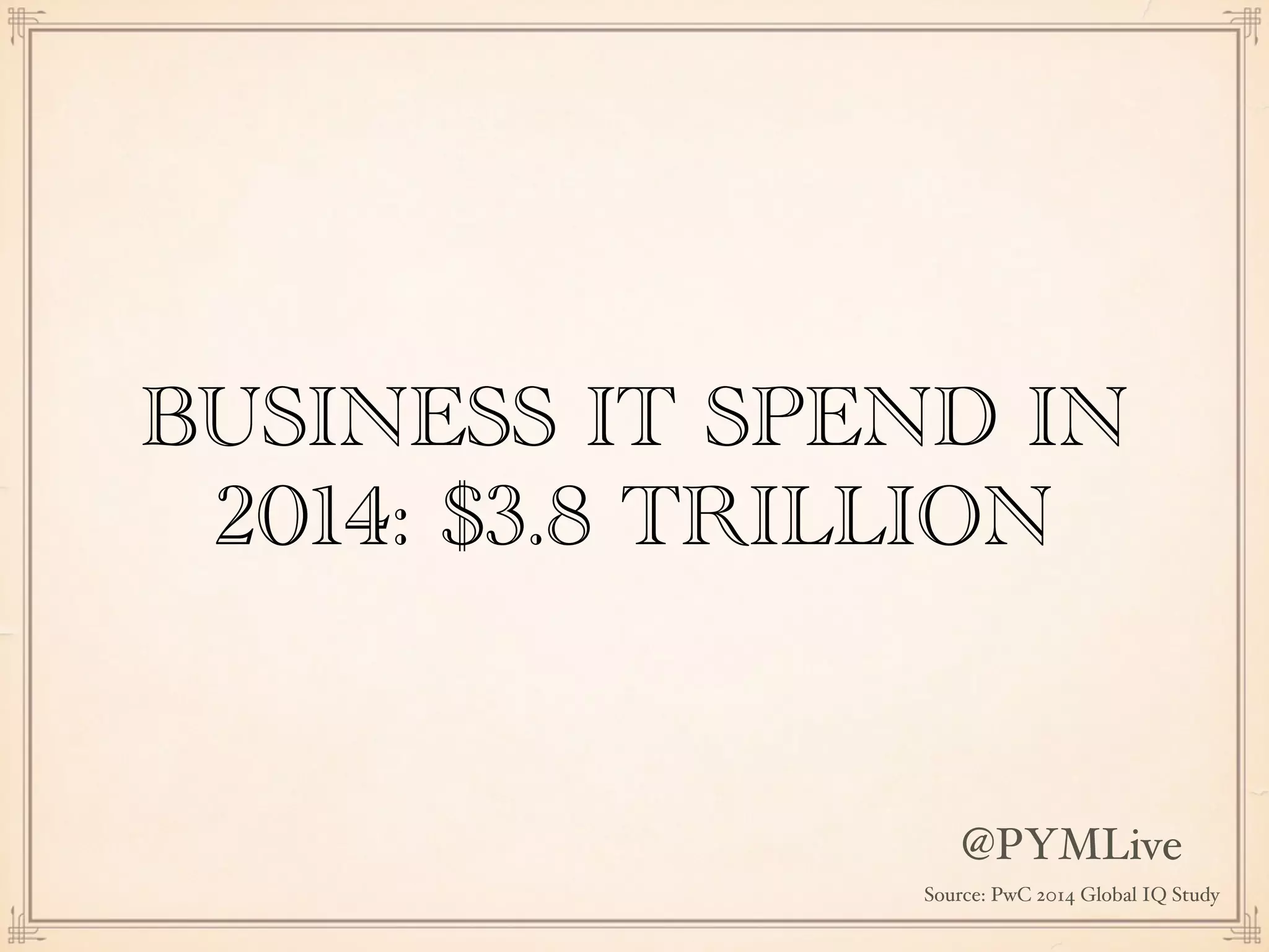 BUSINESS IT SPEND IN
2014: $3.8 TRILLION
Source: PwC 2014 Global IQ Study
@PYMLive
 