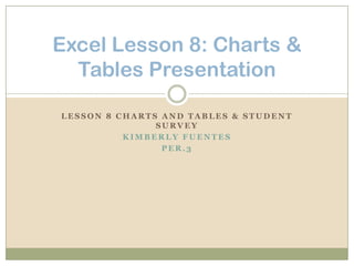 Excel Lesson 8: Charts &
  Tables Presentation

LESSON 8 CHARTS AND TABLES & STUDENT
               SURVEY
          KIMBERLY FUENTES
                PER.3
 