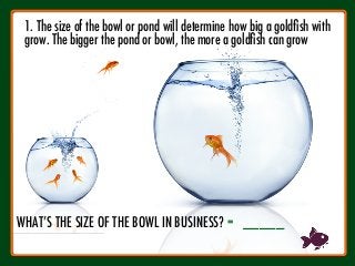 1
WHAT’S THE SIZE OF THE BOWL IN BUSINESS?
= _____
1. The size of the bowl or pond will determine how big a goldﬁsh with
grow. The bigger the pond or bowl, the more a goldﬁsh can grow
 