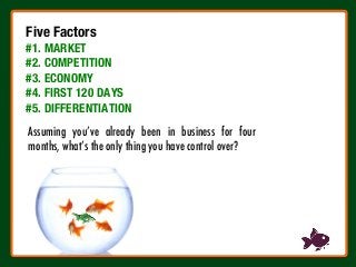 Five Factors
#1. MARKET
#2. COMPETITION
#3. ECONOMY
#4. FIRST 120 DAYS
#5. DIFFERENTIATION
Assuming you’ve already been in business for four
months, what’s the only thing you have control over?
 
