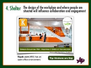4. Shelter
!
Tip: Kitchens are Key
Kayak.com (#64) has an
open office environment.
The design of the workplace and where people are 
situated will inﬂuence collaboration and engagement
 