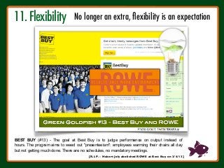 BEST BUY (#13) - The goal at Best Buy is to judge performance on output instead of
hours. The program aims to weed out "presenteeism": employees warming their chairs all day
but not getting much done. There are no schedules, no mandatory meetings.
[R.I.P. - Hubert Joly abolished ROWE at Best Buy on 3/4/13]
11. Flexibility 
No longer an extra, ﬂexibility is an expectation
 