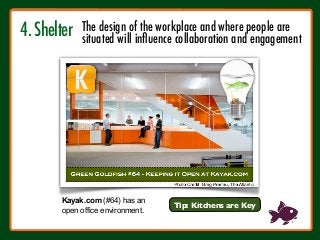 4. Shelter
!
Tip: Kitchens are Key
Kayak.com (#64) has an
open office environment.
The design of the workplace and where p...