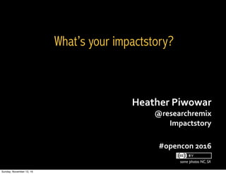 Heather	Piwowar	
@researchremix
Impactstory
	
#opencon	2016
some photos NC, SA
What’s your impactstory?
Sunday, November 13, 16
 
