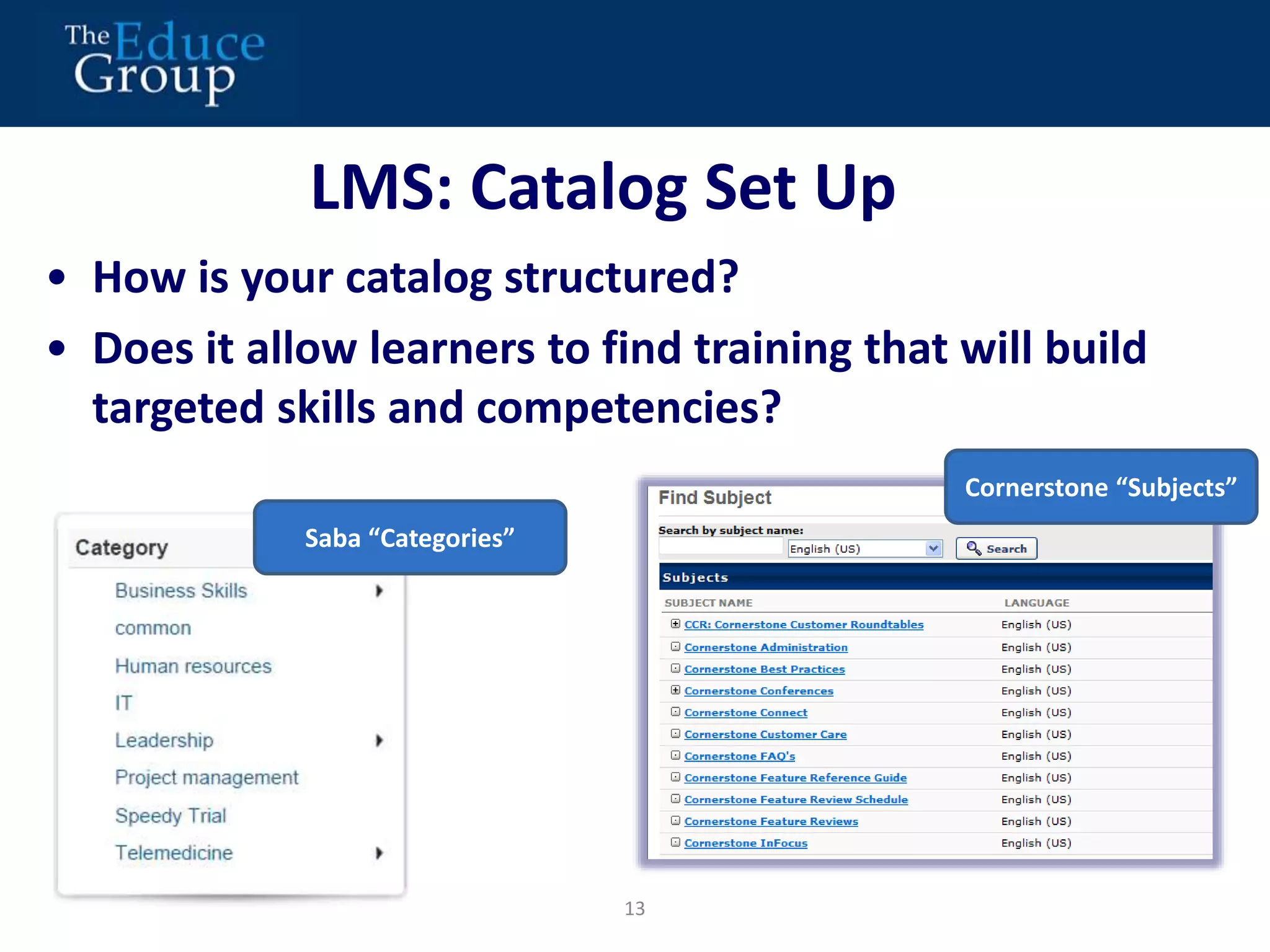 LMS: Catalog Set Up 
• How is your catalog structured? 
• Does it allow learners to find training that will build 
targeted skills and competencies? 
13 
Cornerstone “Subjects” 
Saba “Categories” 
 