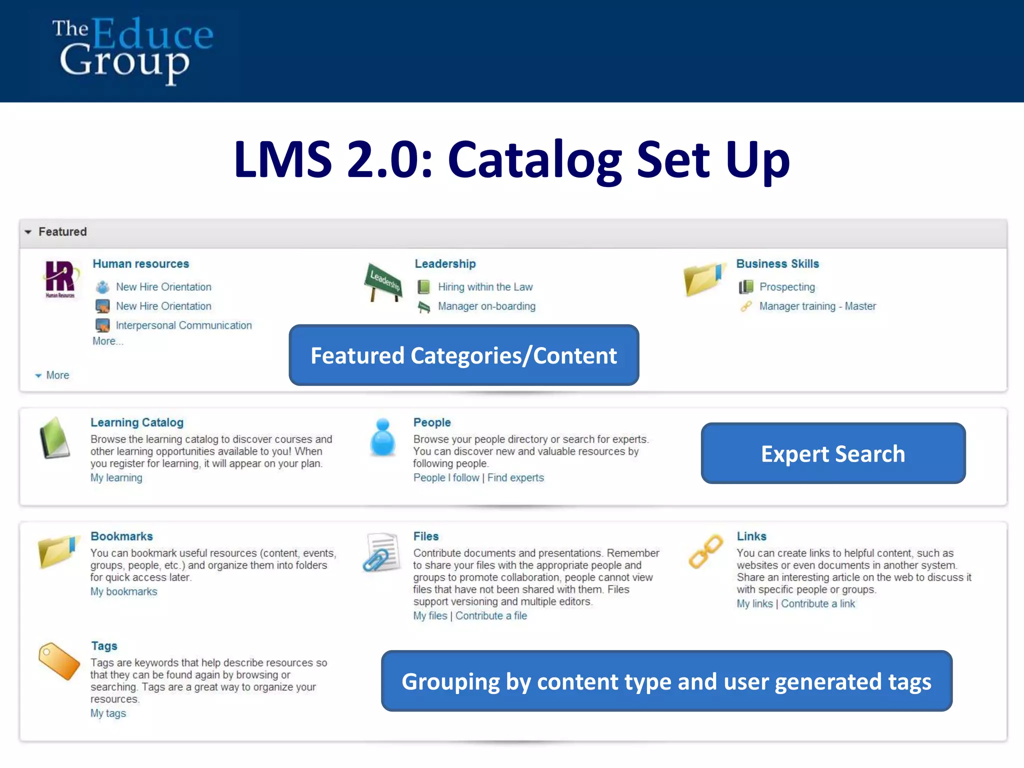 LMS 2.0: Catalog Set Up 
15 
How is your catalog structured? 
Does it allow learners to find 
training that will build targeted 
skills and competencies? 
Saba “Categories” 
Expert Search 
Featured Categories/Content 
Grouping by content type and user generated tags 
 