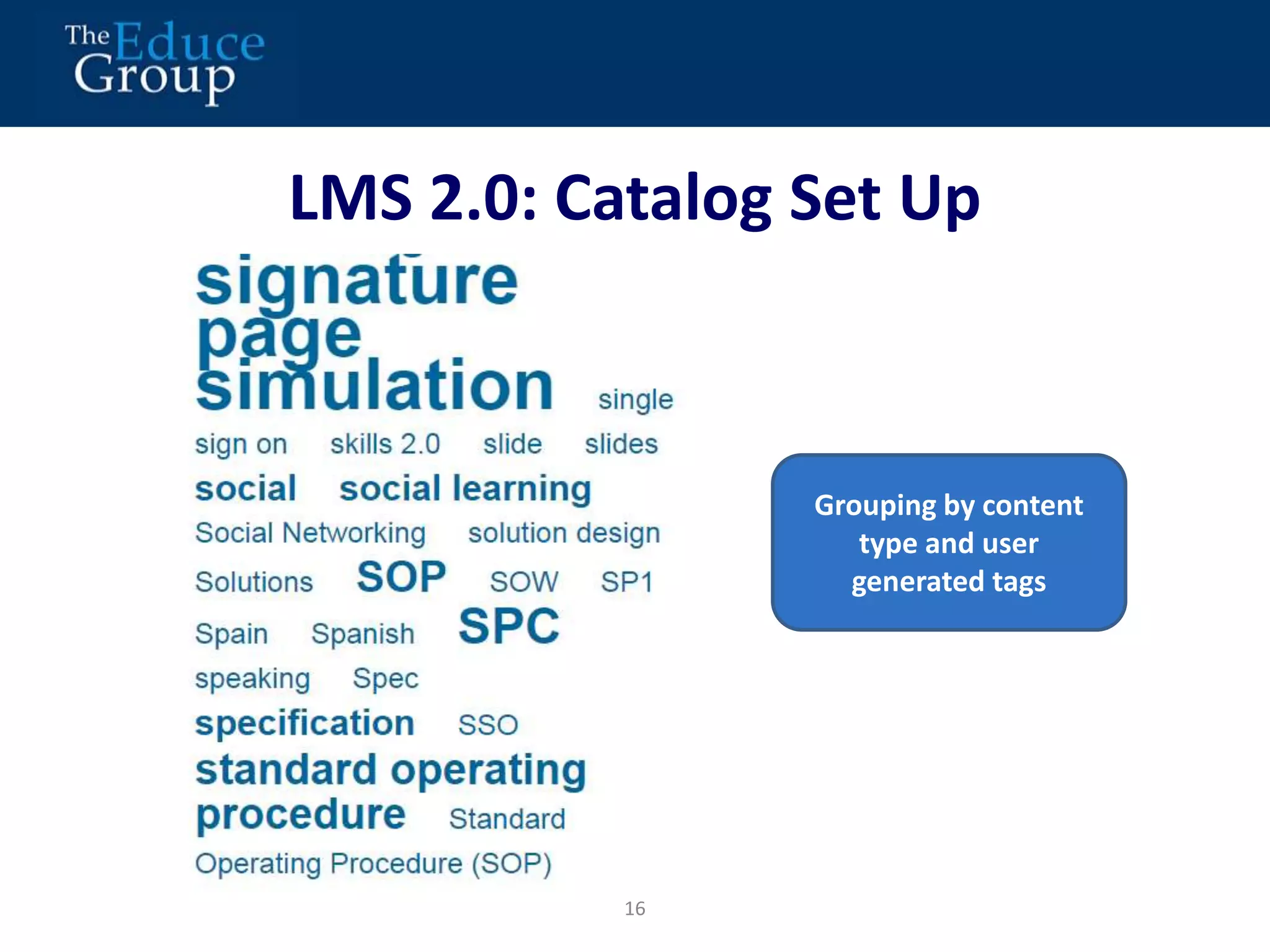 LMS 2.0: Catalog Set Up 
16 
Grouping by content 
type and user 
generated tags 
 