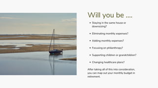 Will you be ....
Staying in the same house or
downsizing?
Eliminating monthly expenses?
Adding monthly expenses?
Focusing on philanthropy?
Supporting children or grandchildren?
Changing healthcare plans?
After taking all of this into consideration,
you can map out your monthly budget in
retirement.
 