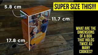 SUPER SIZE THIS!!!
What are the
dimensions
of a box
that holds
TWICE as
many
cookies?
 