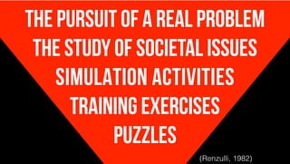THE PURSUIT OF A REAL PROBLEM
THE STUDY OF SOCIETAL ISSUES
SIMULATION ACTIVITIES
TRAINING EXERCISES
PUZZLES
(Renzulli, 1982)
 