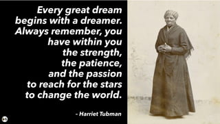 Every great dream
begins with a dreamer.
Always remember, you
have within you
the strength,
the patience,
and the passion
to reach for the stars
to change the world.
– Harriet Tubman
 