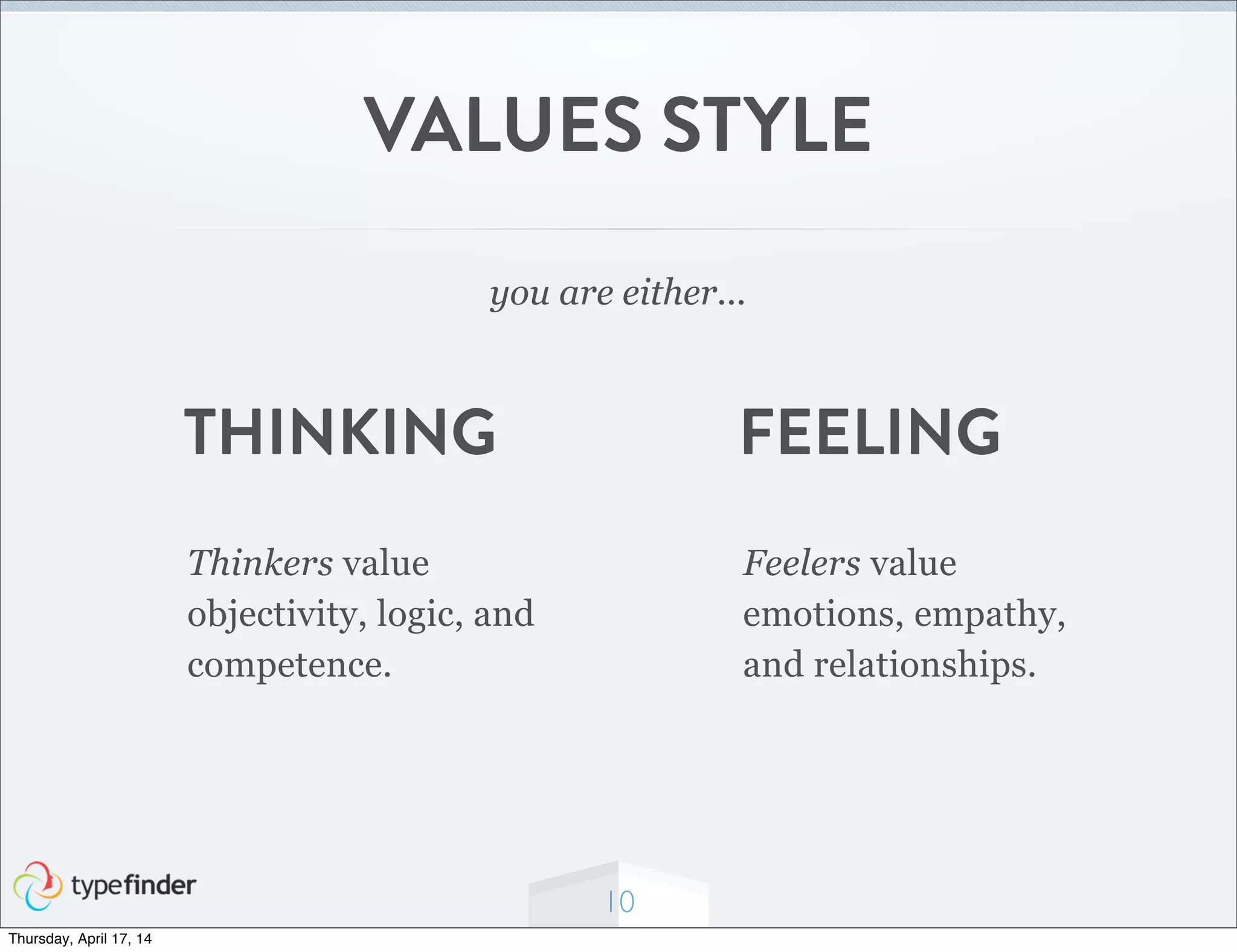 10
VALUES STYLE
you are either...
Thinkers value
objectivity, logic, and
competence.
Feelers value
emotions, empathy,
and relationships.
FEELINGTHINKING
Thursday, April 17, 14
 