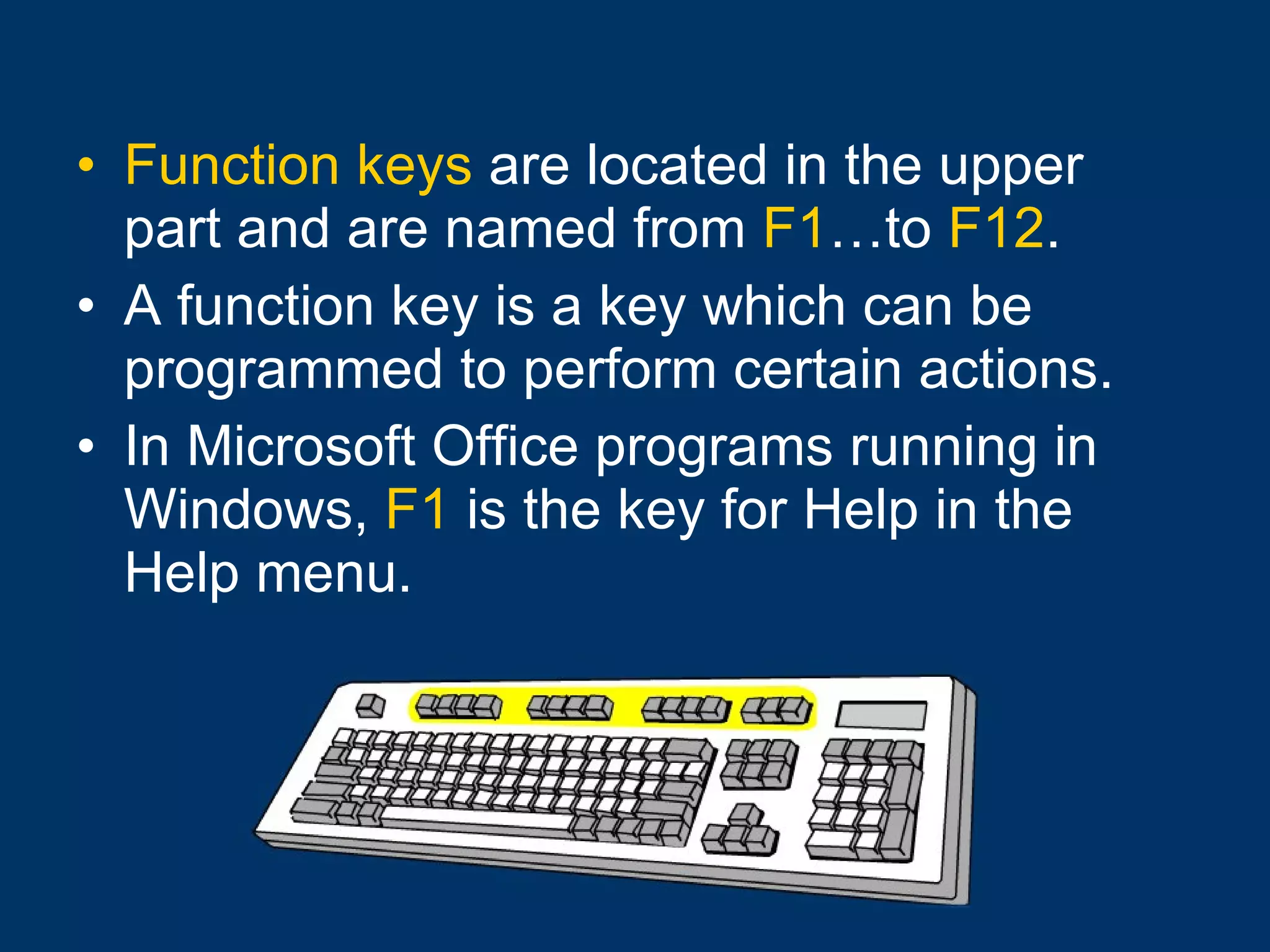 Function keys  are located in the upper part and are named from  F1 …to  F12 . A function key is a key which can be programmed to perform certain actions.  In Microsoft Office programs running in Windows,  F1  is the key for Help in the Help menu. 