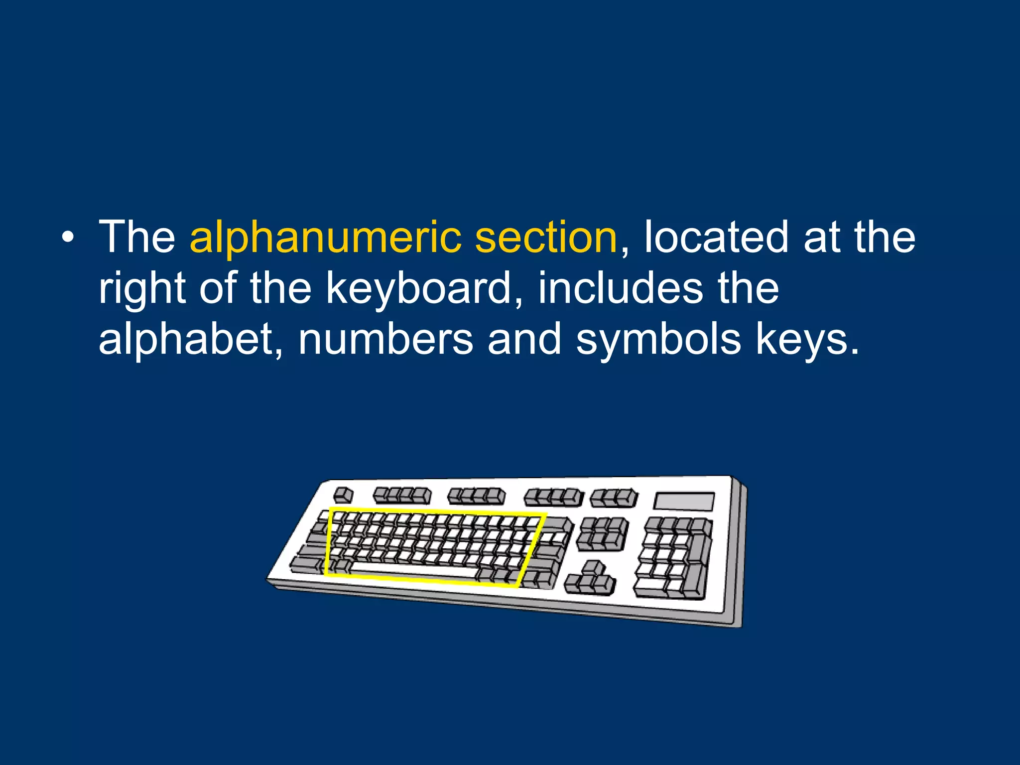 The  alphanumeric section , located at the right of the keyboard, includes the alphabet, numbers and symbols keys. 