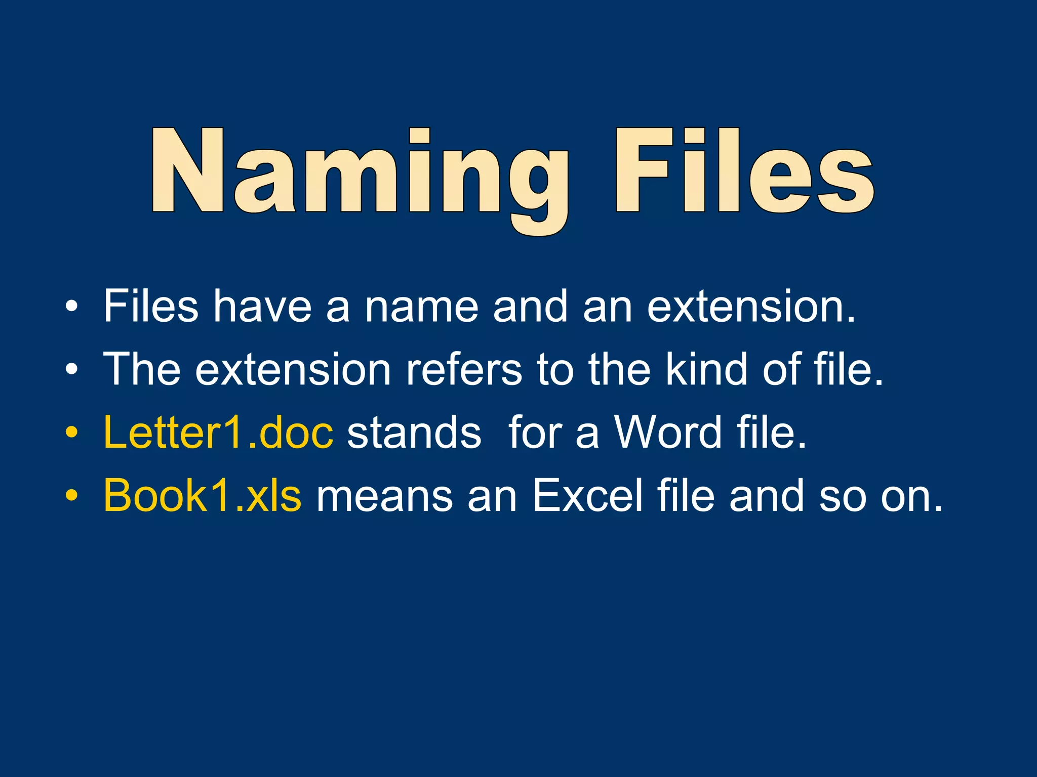 Files have a name and an extension. The extension refers to the kind of file. Letter1.doc  stands  for a Word file. Book1.xls  means an Excel file and so on. Naming Files 