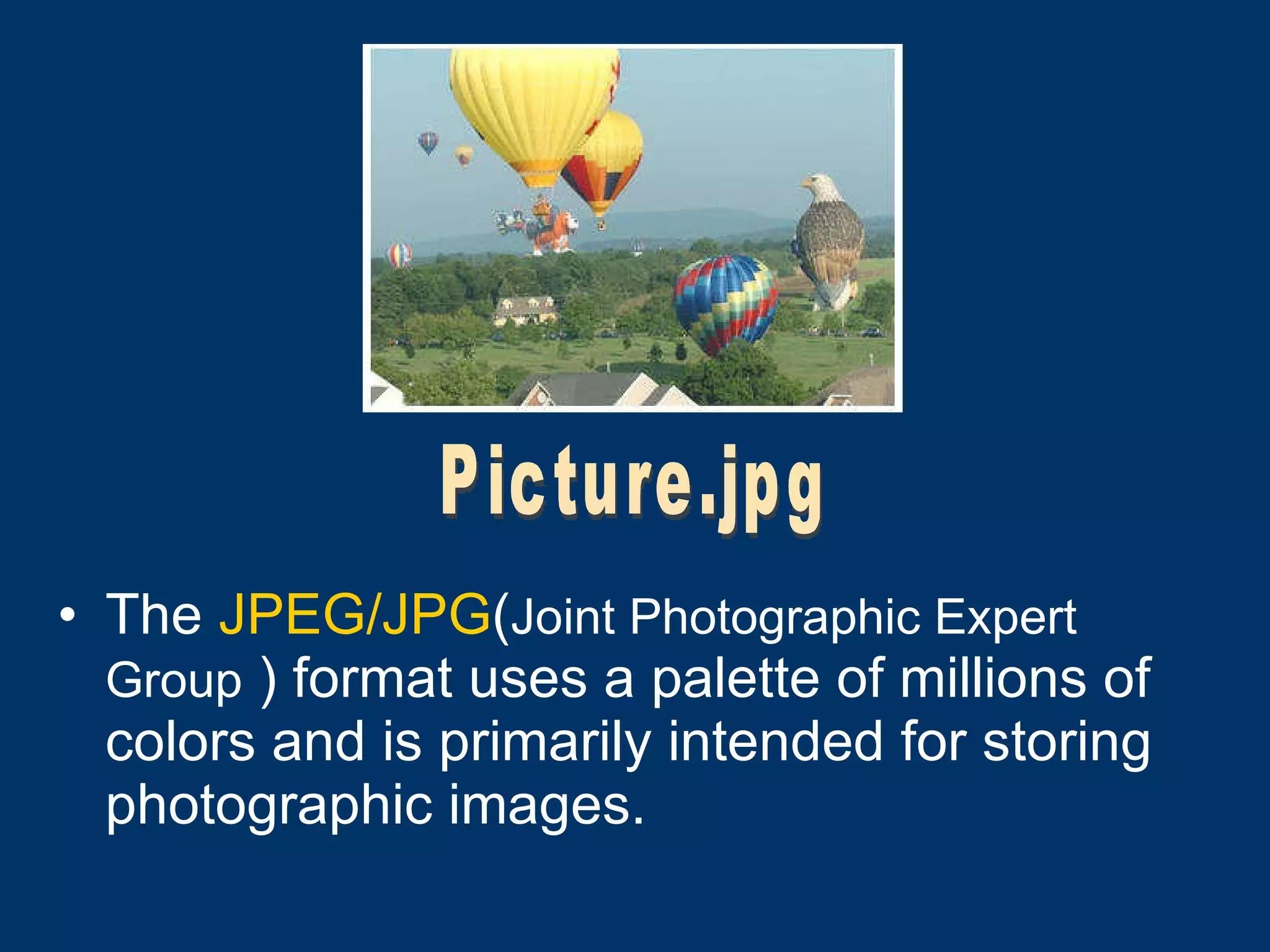 The  JPEG/JPG ( Joint Photographic Expert Group  )  format uses a palette of millions of colors and is primarily intended for storing photographic images.   Picture.jpg 