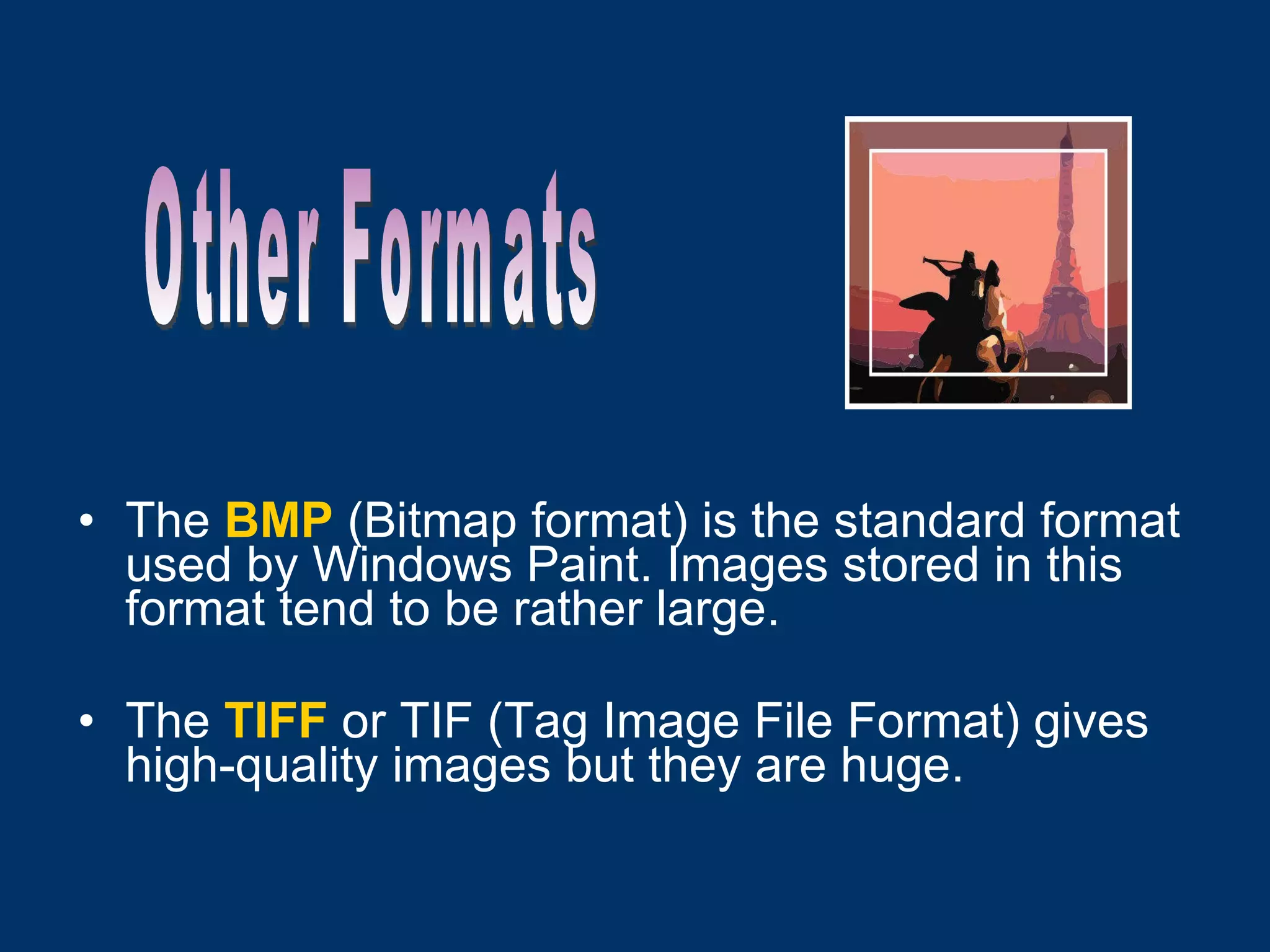 The   BMP  (Bitmap format) is the standard format used by Windows Paint. Images stored in this format tend to be rather large. The   TIFF  or TIF (Tag Image File Format) gives high-quality images but they are huge. Other Formats 