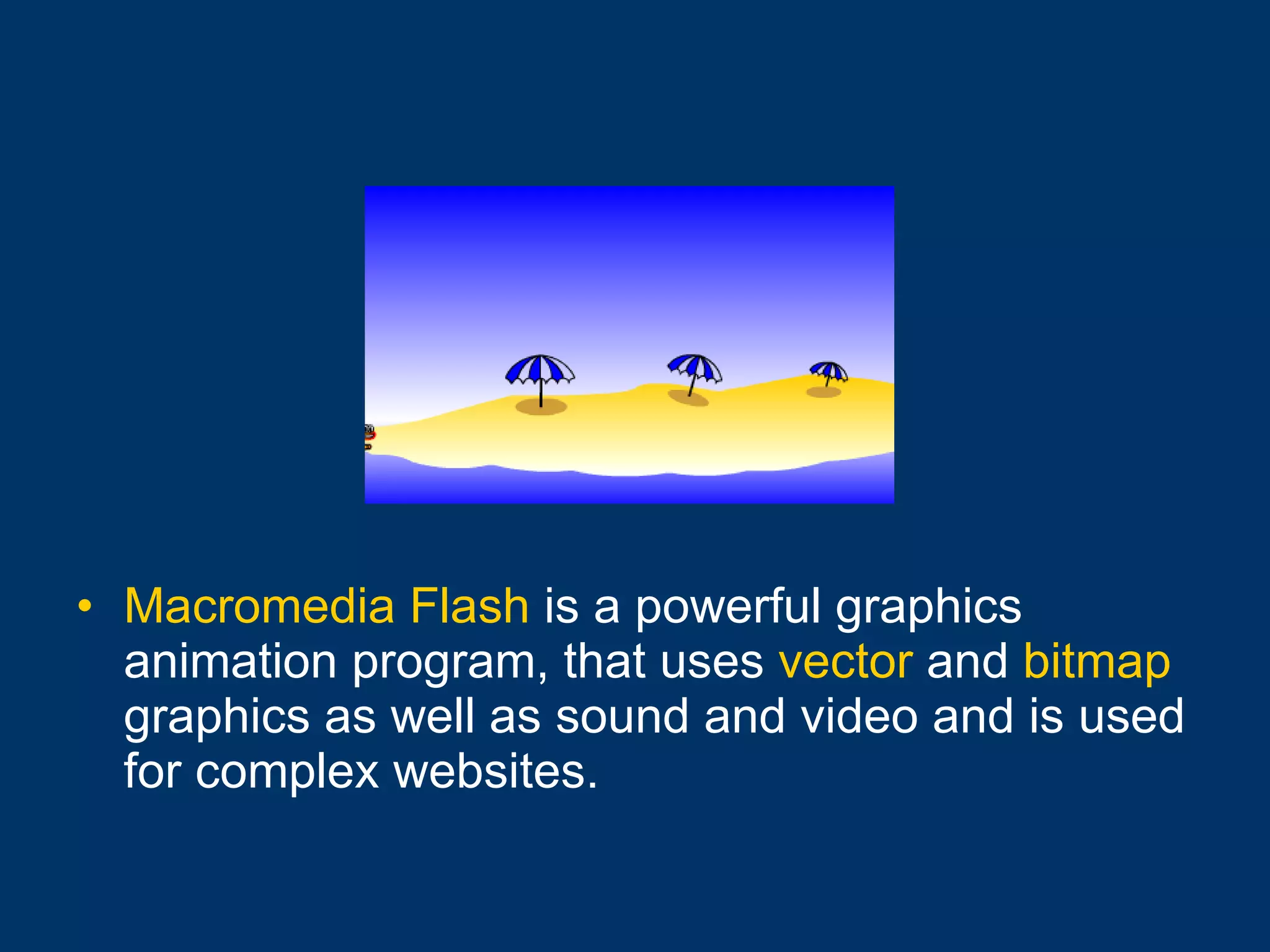 Macromedia Flash  is a powerful graphics animation program, that uses  vector  and  bitmap  graphics as well as sound and video and is used for complex websites. 