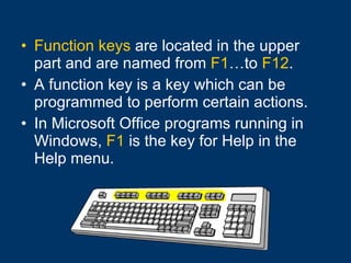 Function keys  are located in the upper part and are named from  F1 …to  F12 . A function key is a key which can be programmed to perform certain actions.  In Microsoft Office programs running in Windows,  F1  is the key for Help in the Help menu. 