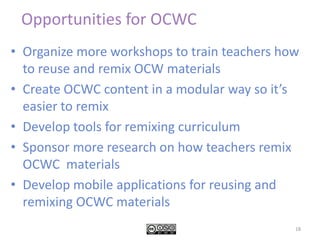 Topics Covered in Teacher Workshops:  General Intro. to OpenCourseWare - What it is and why it's usefulCreative Commons License - What it is why it's important to anyone who is developing curriculumGuided Tour of several OpenCourseWare collections Strategies for integrating OCW into the high school classroom workshop and for advising students Guidelines for reusing and remixing curriculum materials found online and for managing and sharing own original materials online Managing OCW materials with Web 2.0 tools such as Zotero, & delicious Creating Curriculum with Google Docs 11