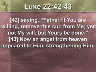 LLuukkee 2222::4422--4433 
[[4422]] ssaayyiinngg,, ““FFaatthheerr,, iiff YYoouu aarree 
wwiilllliinngg,, rreemmoovvee tthhiiss ccuupp ffrroomm MMee;; yyeett 
nnoott MMyy wwiillll,, bbuutt YYoouurrss bbee ddoonnee..”” 
[[4433]] NNooww aann aannggeell ffrroomm hheeaavveenn 
aappppeeaarreedd ttoo HHiimm,, ssttrreennggtthheenniinngg HHiimm.. 
 