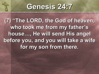 GGeenneessiiss 2244::77 
((77)) ““TThhee LLOORRDD,, tthhee GGoodd ooff hheeaavveenn,, 
wwhhoo ttooookk mmee ffrroomm mmyy ffaatthheerr’’ss 
hhoouussee……,, HHee wwiillll sseenndd HHiiss aannggeell 
bbeeffoorree yyoouu,, aanndd yyoouu wwiillll ttaakkee aa wwiiffee 
ffoorr mmyy ssoonn ffrroomm tthheerree.. 
 