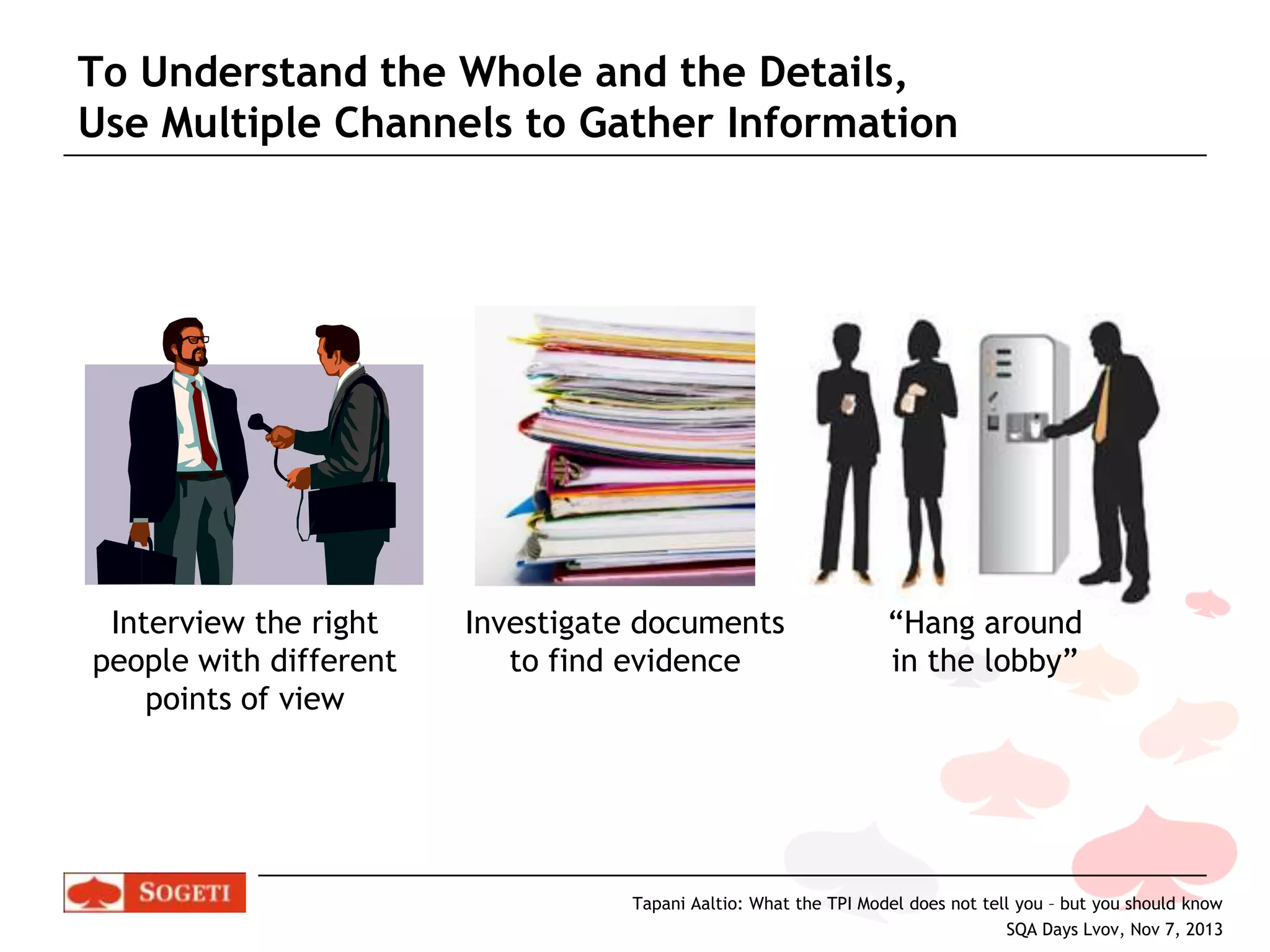 To Understand the Whole and the Details,
Use Multiple Channels to Gather Information

Interview the right
people with different
points of view

Investigate documents
to find evidence

“Hang around
in the lobby”

Tapani Aaltio: What the TPI Model does not tell you – but you should know
SQA Days Lvov, Nov 7, 2013

 