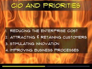 CIO and priorities


1. Reducing the Enterprise Cost
2. Attracting & Retaining Customers
3. Stimulating Innovation
4. Improving Business Processes
 