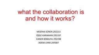 what the collaboration is
and how it works?
MEDİHA SÜREN 292213
ÖZGE KARAKAYA 292197
CANER BİNKUYU 292198
ADEM UYAR 297007
 