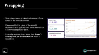 Wrapping
• Wrapping creates a tokenized version of one
token in the form of another
• It’s pegged to the value of the asset it
represents and typically can be redeemed for
it (unwrapped) at any point.
• It usually represents an asset that doesn’t
natively live on the blockchain that it’s
issued on.
 