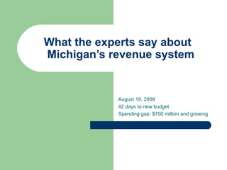 What the experts say about   Michigan’s revenue system August 19, 2009 42 days to new budget Spending gap: $700 million and growing 