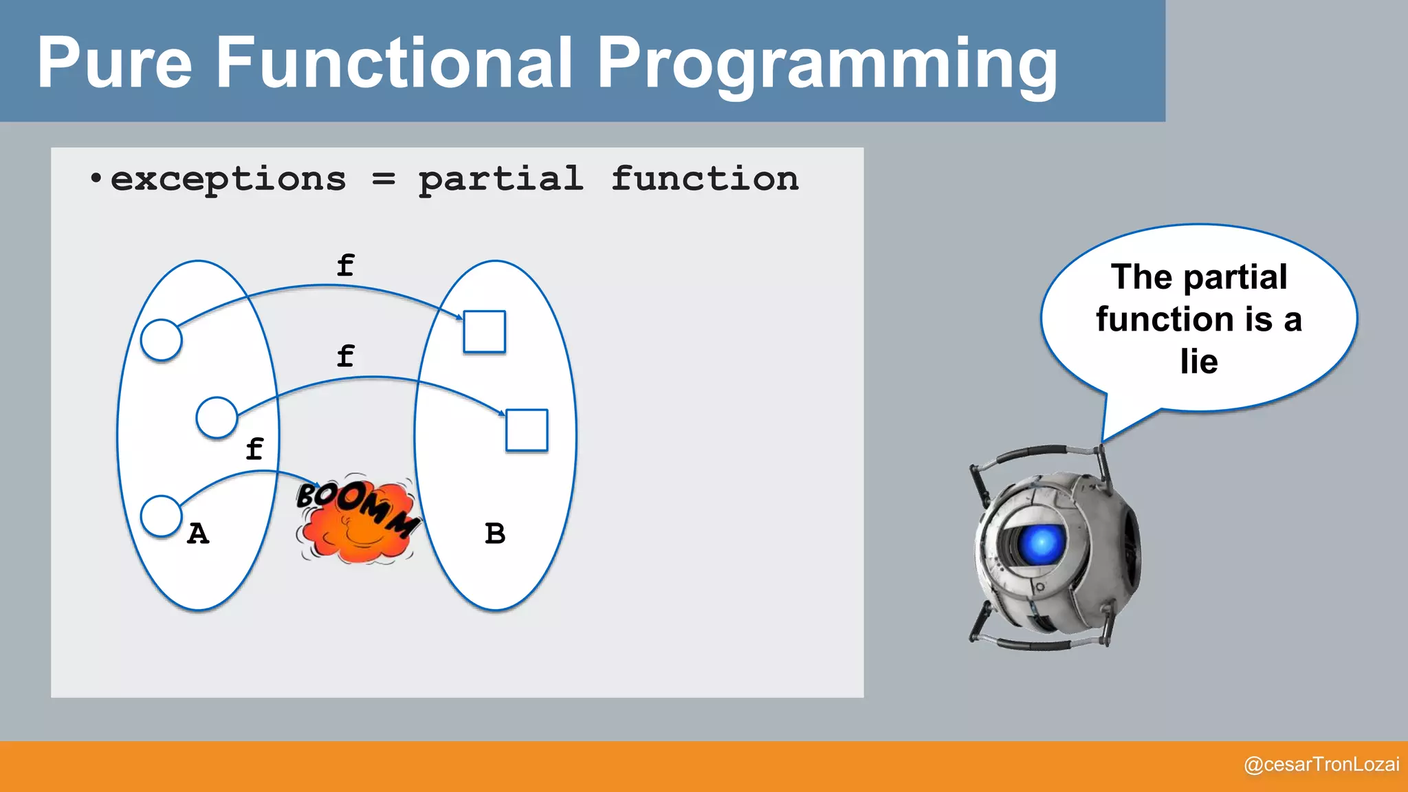 @cesarTronLozai
Pure Functional Programming
•exceptions = partial function
A B
f
f
f
The partial
function is a
lie
 