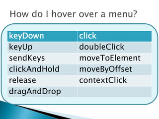 keyDown        click
keyUp          doubleClick
sendKeys       moveToElement
clickAndHold   moveByOffset
release        contextClick
dragAndDrop
 